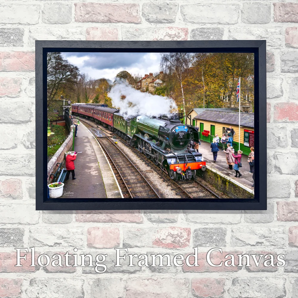 60103 Flying Scotsman Locomotive Arrives At Pickering Station 3 60103 Flying Scotsman Locomotive Arrives At Pickering Station - Landscape-Float-Frame-Canvas
