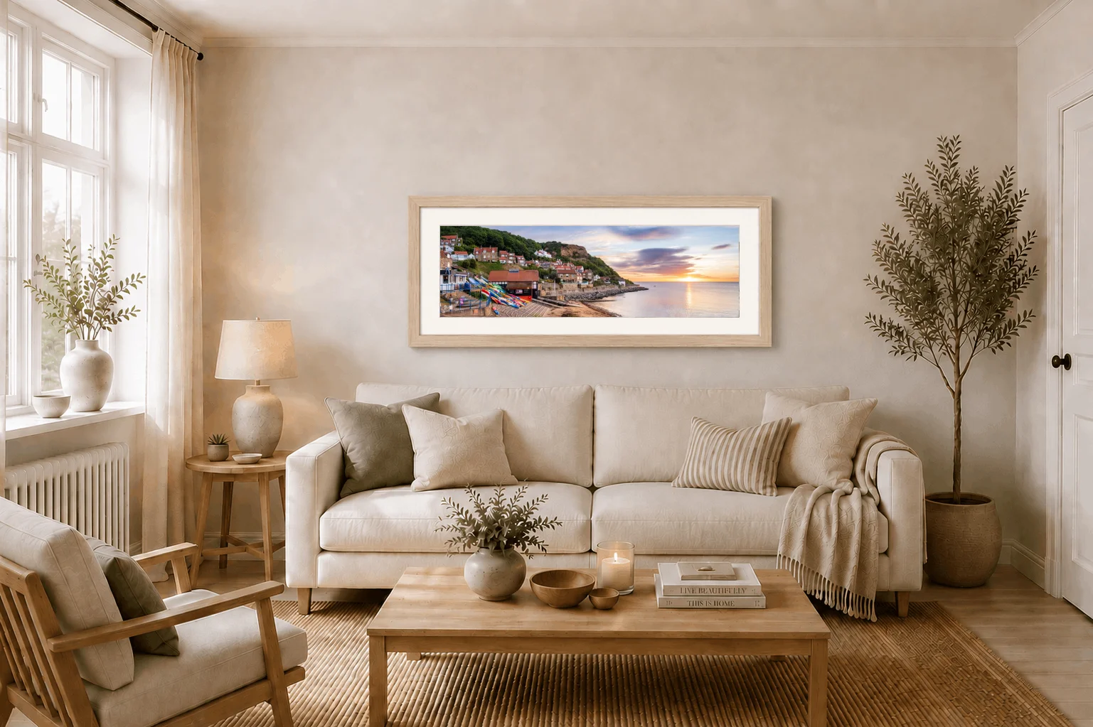 A Beautiful Summer's Morning At Robin Hoods Bay Slim Panoramic 2 A Beautiful Summer's Morning At Robin Hoods Bay Slim Panoramic - Ash Ramed Panoramic Print On Display In Living Room