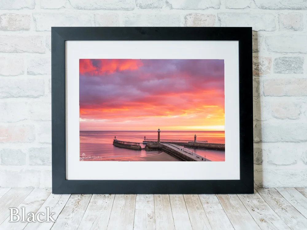 Beautiful Whitby Sunrise Over The Piers 6 Beautiful Whitby Sunrise Over The Piers - Black-Landscape-Frame