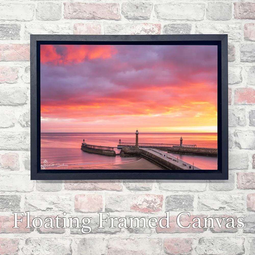 Beautiful Whitby Sunrise Over The Piers 3 Beautiful Whitby Sunrise Over The Piers - Landscape-Float-Frame-Canvas