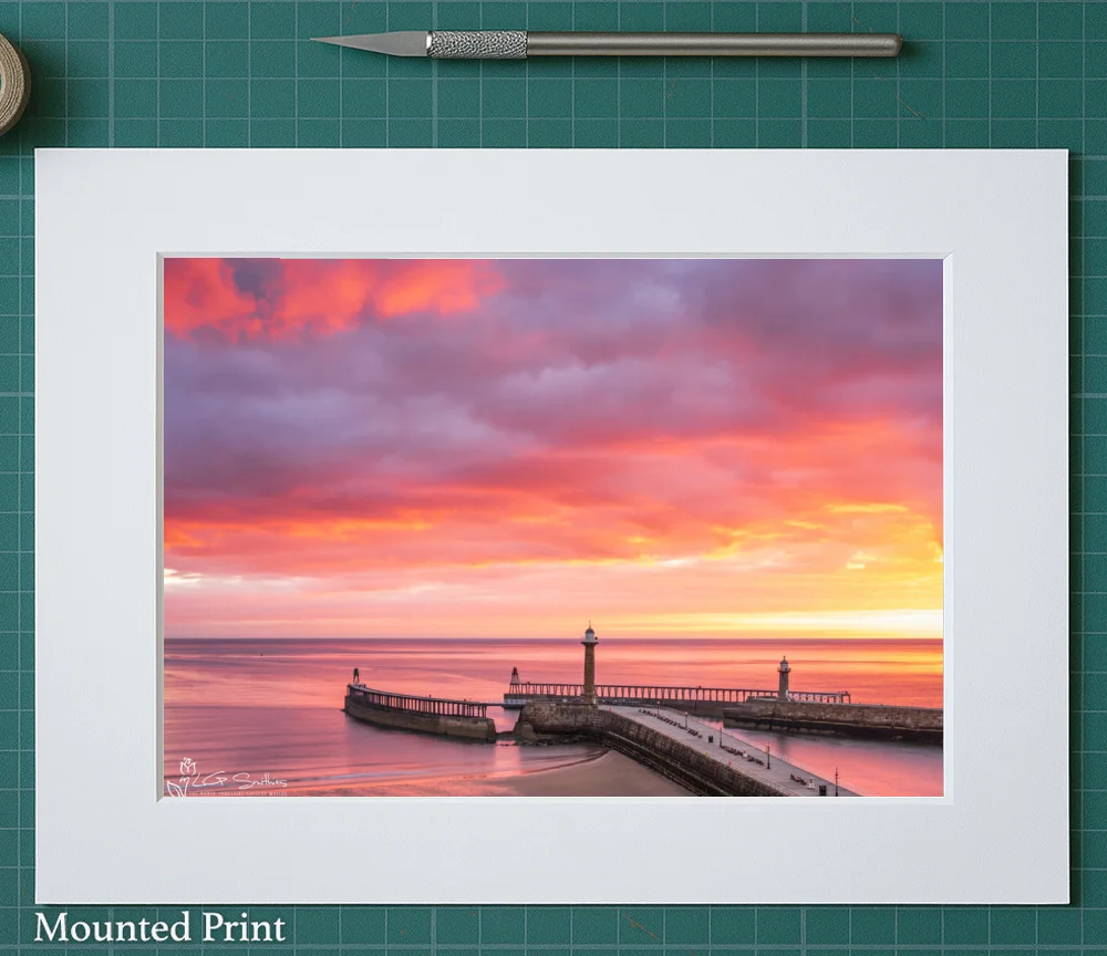 Beautiful Whitby Sunrise Over The Piers 2 Beautiful Whitby Sunrise Over The Piers - Landscape-Mounted-Print