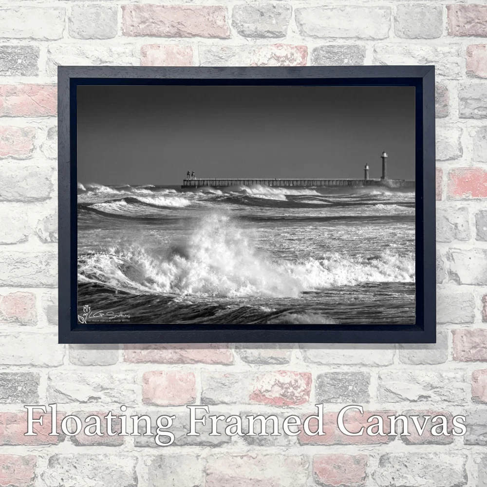 Big Waves At Whitby Black And White 3 Big Waves At Whitby Black And White - Landscape-Float-Frame-Canvas