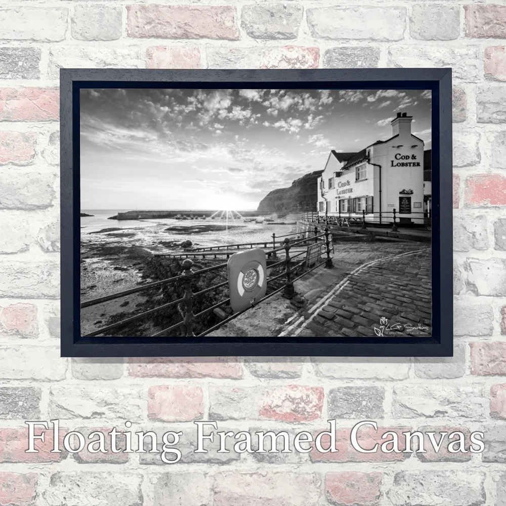Cod and Lobster Sunrise Black and White 3 Cod and Lobster Sunrise Black and White - Landscape-Float-Frame-Canvas