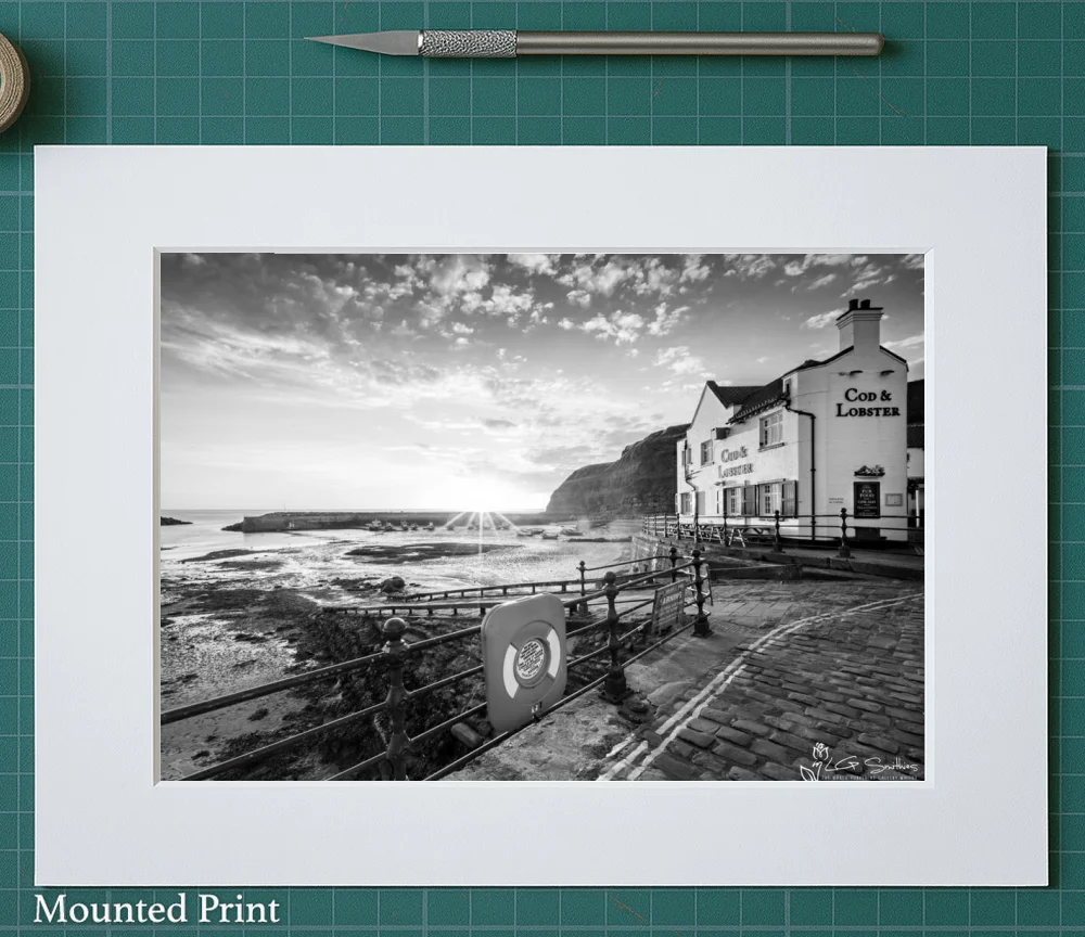 Cod and Lobster Sunrise Black and White 2 Cod and Lobster Sunrise Black and White - Landscape-Mounted-Print