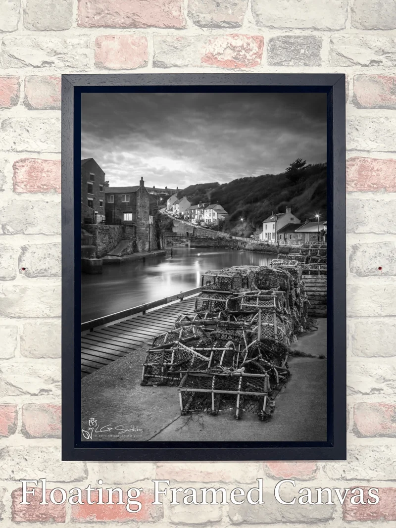Crab Pots At Staithes Harbour Black and White 7 Crab Pots At Staithes Harbour Black and White - Float-Frame-Canvas-Portrait