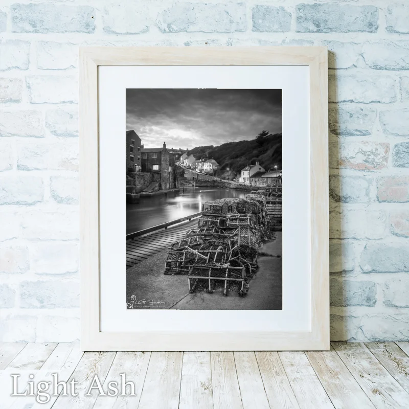Crab Pots At Staithes Harbour Black and White 2 Crab Pots At Staithes Harbour Black and White - Light-Ash-Portrait-Frame