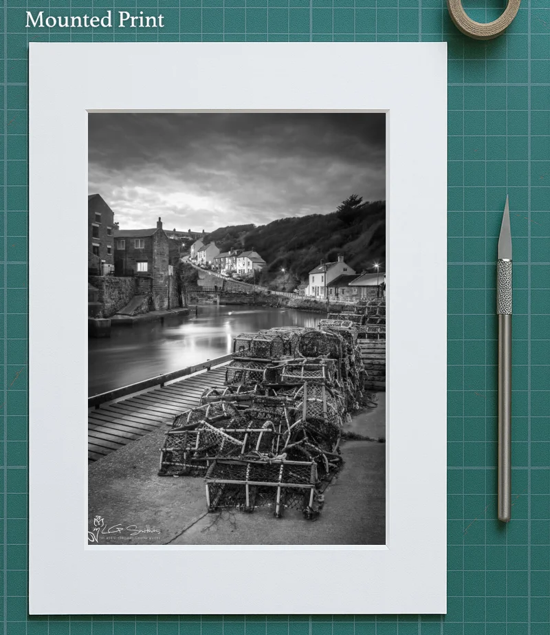 Crab Pots At Staithes Harbour Black and White 5 Crab Pots At Staithes Harbour Black and White - Mounted-Print-Portrait