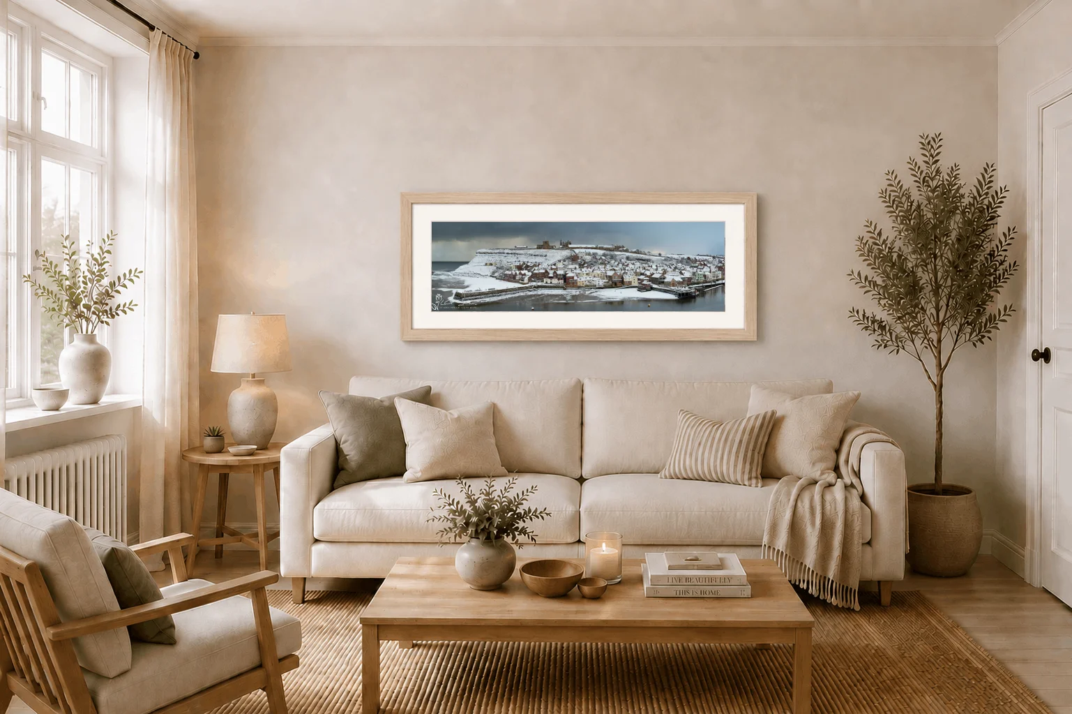 East Whitby Snow Slim Panoramic 3 East Whitby Snow Slim Panoramic - Ash Ramed Panoramic Print On Display In Living Room