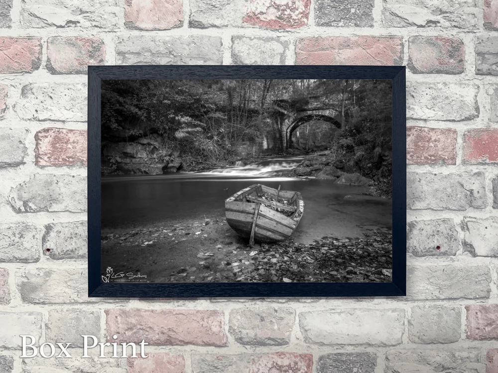 Falling Foss Boat Black And White 4 Falling Foss Boat Black And White - Landscape-Box-Print