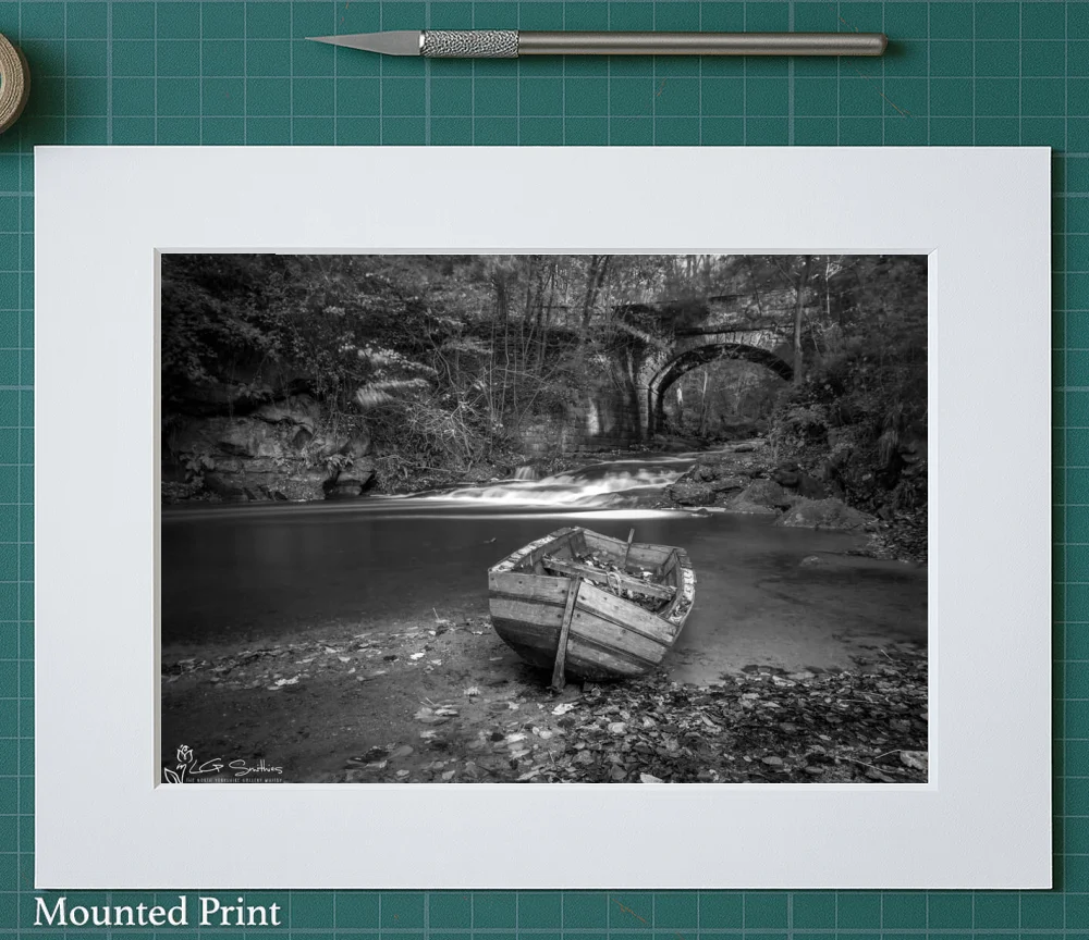 Falling Foss Boat Black And White 2 Falling Foss Boat Black And White - Landscape-Mounted-Print