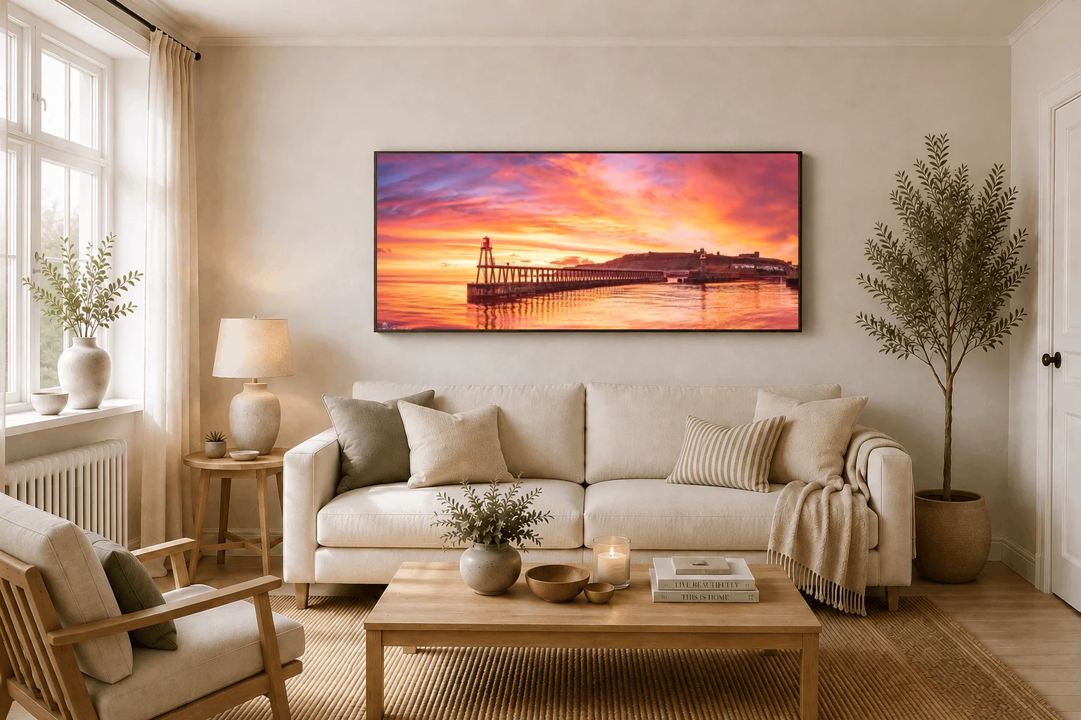 February Sunrise At Whitby Panoramic 4 February Sunrise At Whitby Panoramic - Large floating Framed Canvas On Display In A Living Room