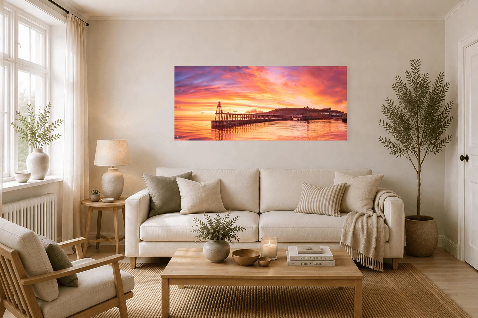 February Sunrise At Whitby Panoramic 3 February Sunrise At Whitby Panoramic - Large Panoramic Canvas On Display In A Living Room