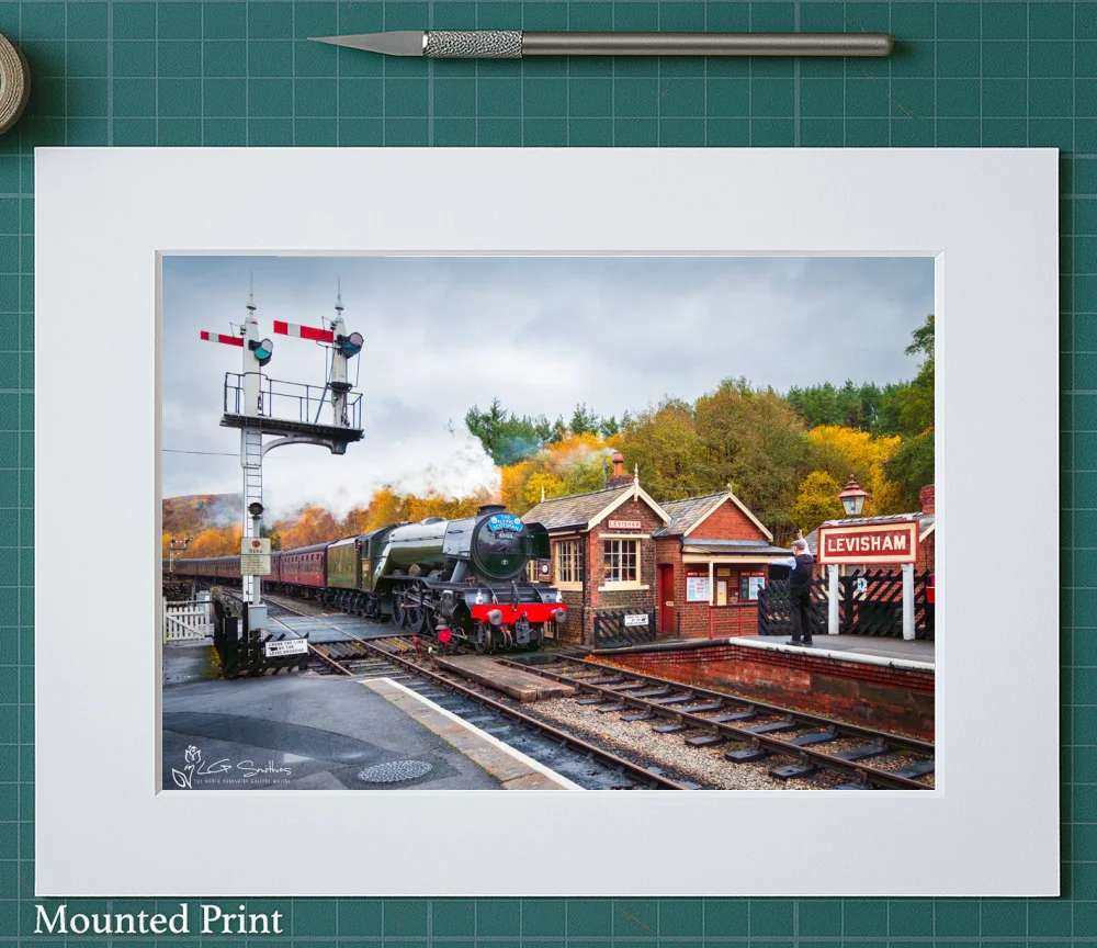 Flying Scotsman Comes Into Levisham Station 2 Flying Scotsman Comes Into Levisham Station - Landscape-Mounted-Print