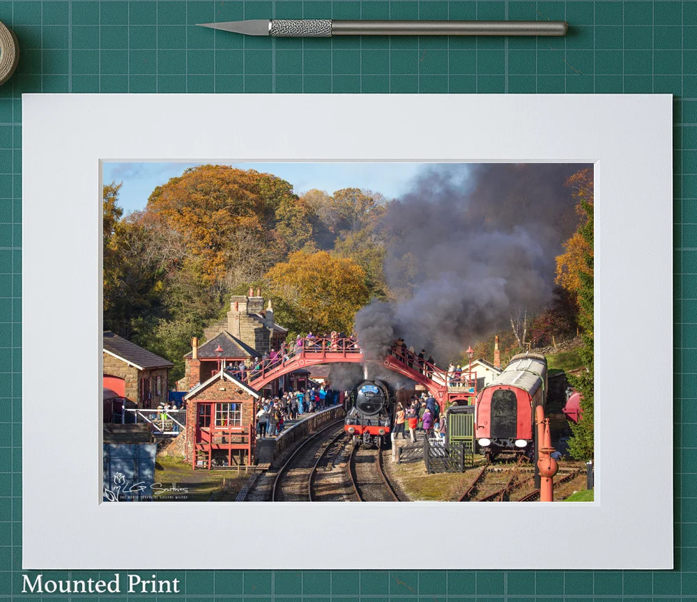 Flying Scotsman Exchanging The Token At Goathland Station 2 Flying Scotsman Exchanging The Token At Goathland Station - Landscape-Mounted-Print