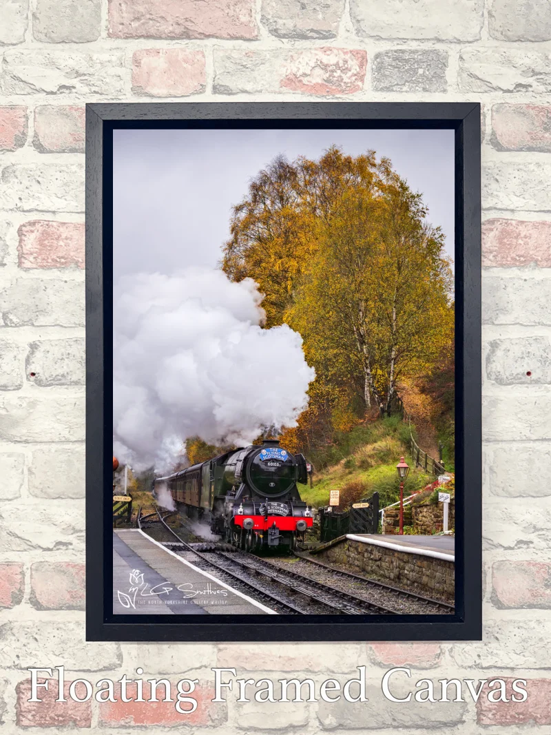 Flying Scotsman Loco Comes Into Goathland Station 7 Flying Scotsman Loco Comes Into Goathland Station - Float-Frame-Canvas-Portrait