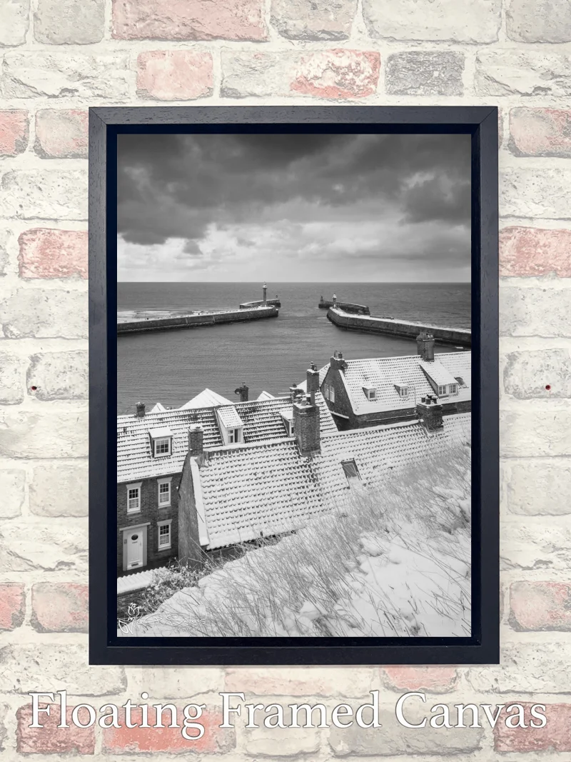 Fresh Snowfall On Whitby Piers 8 Fresh Snowfall On Whitby Piers - Float-Frame-Canvas-Portrait