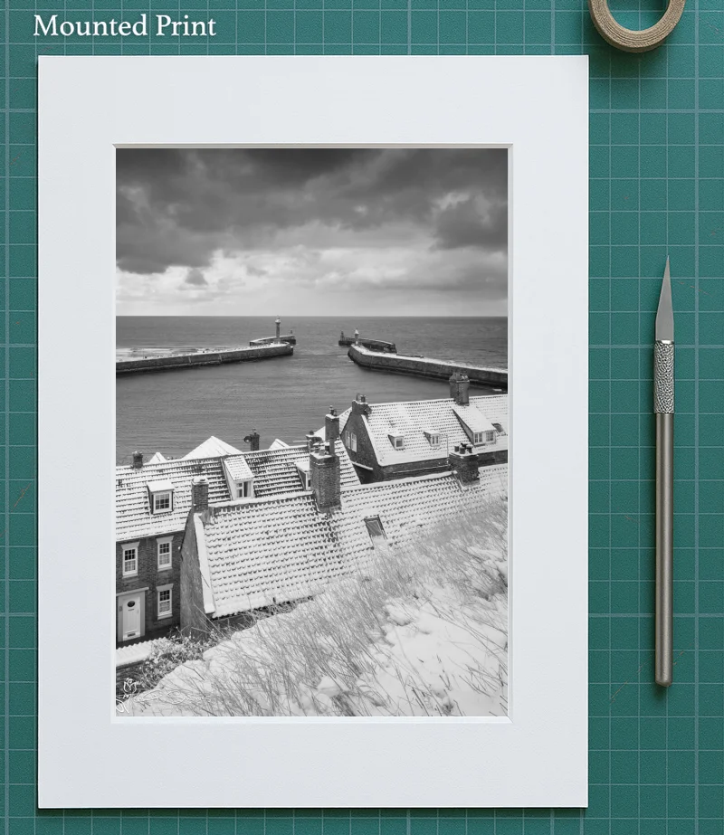 Fresh Snowfall On Whitby Piers 6 Fresh Snowfall On Whitby Piers - Mounted-Print-Portrait