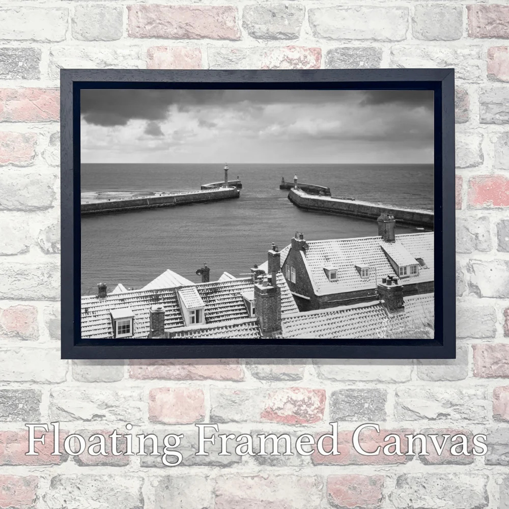 Fresh Snowfall On Whitby Rooftops and Piers 3 Fresh Snowfall On Whitby Rooftops and Piers - Landscape-Float-Frame-Canvas