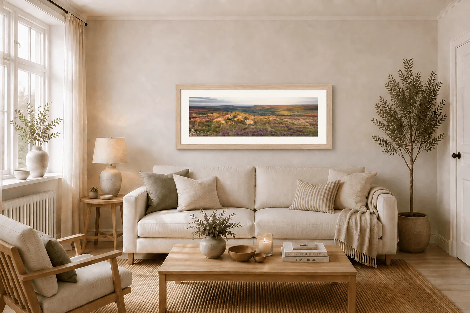 Glaisdale Sheep Slim Panoramic 2 Glaisdale Sheep Slim Panoramic - Ash Ramed Panoramic Print On Display In Living Room