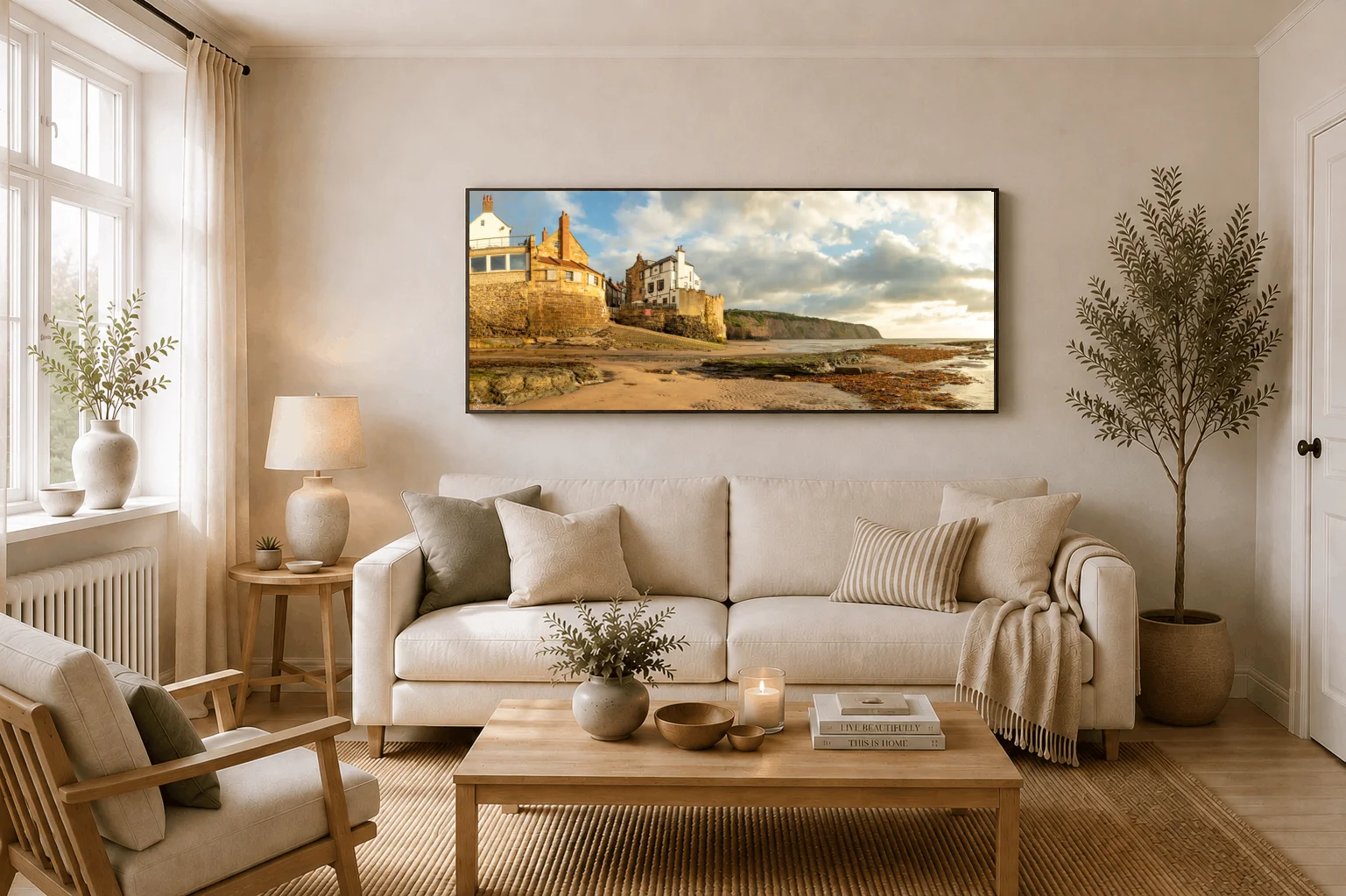 Glorious Morning At Robin Hood's Bay Panoramic 3 Glorious Morning At Robin Hood's Bay Panoramic - Large floating Framed Canvas On Display In A Living Room