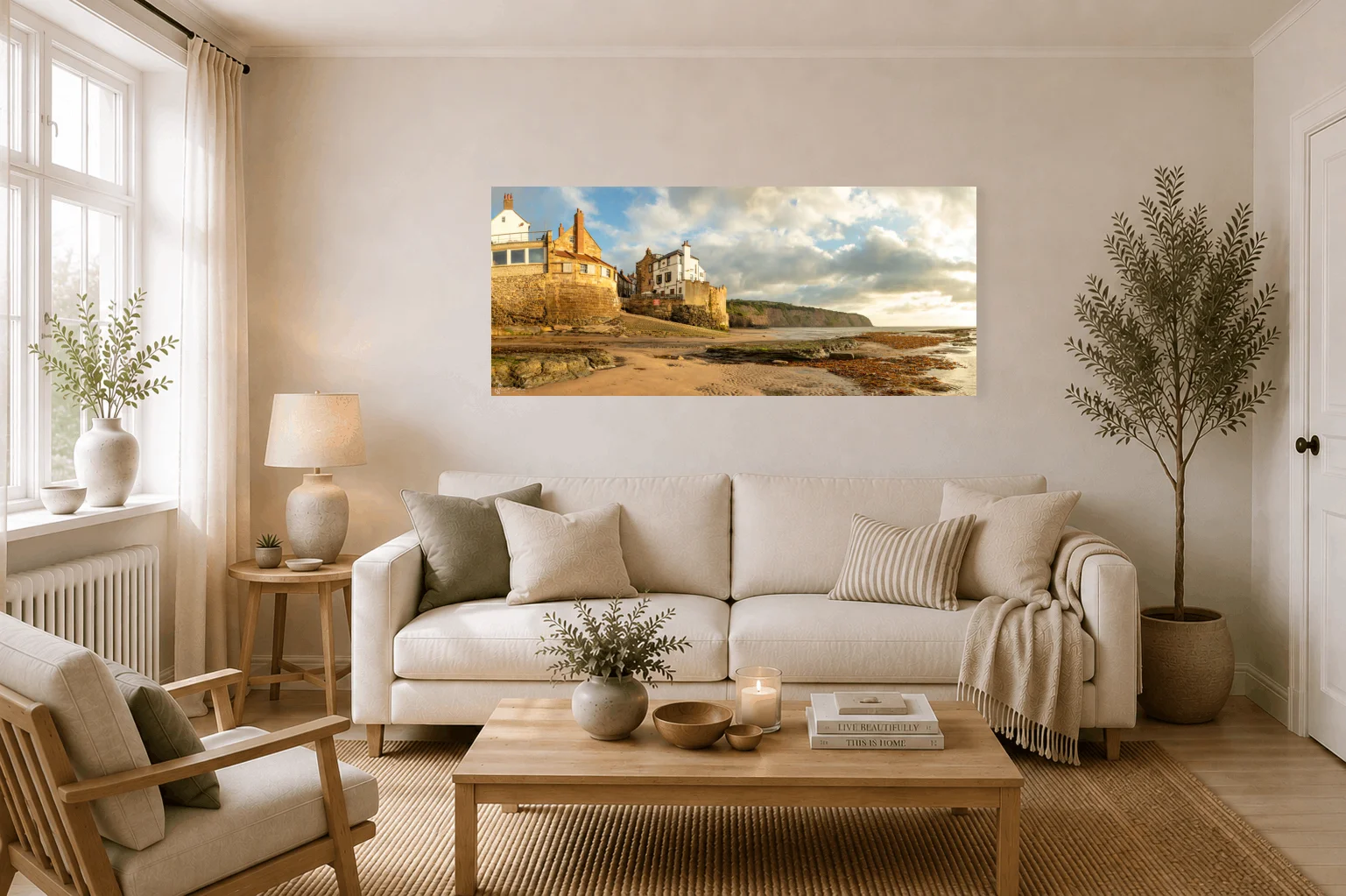 Glorious Morning At Robin Hood's Bay Panoramic 2 Glorious Morning At Robin Hood's Bay Panoramic - Large Panoramic Canvas On Display In A Living Room