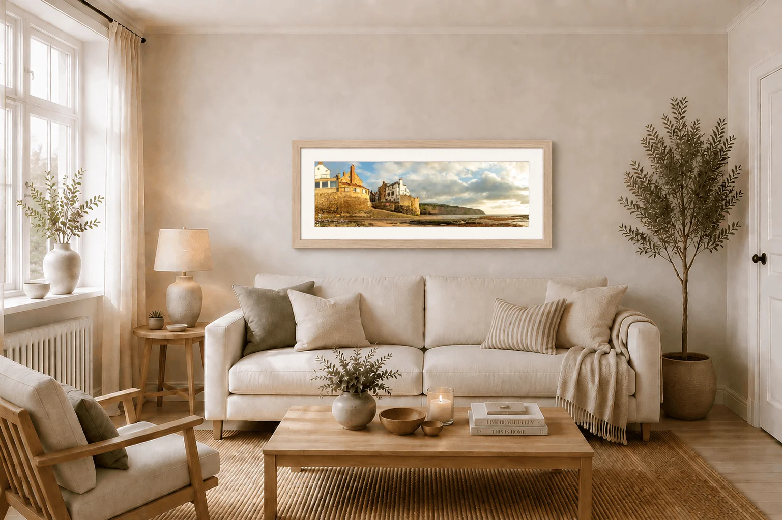Glorious Morning At Robin Hoods Bay Slim Panoramic 2 Glorious Morning At Robin Hoods Bay Slim Panoramic - Ash Ramed Panoramic Print On Display In Living Room