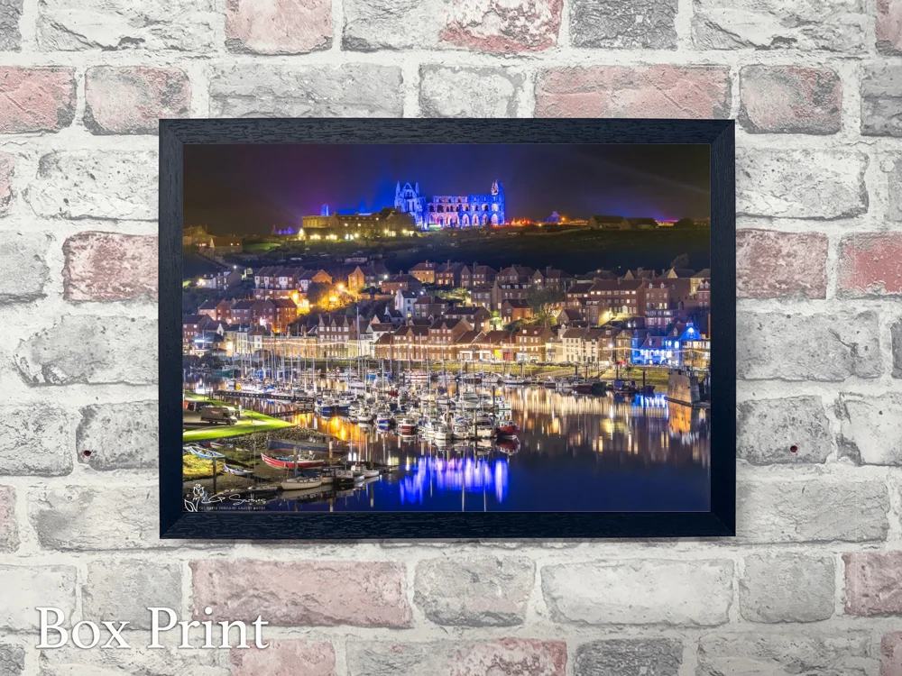 Illuminated Whitby Abbey Blue Reflections Over The River Esk 4 Illuminated Whitby Abbey Blue Reflections Over The River Esk - Landscape-Box-Print