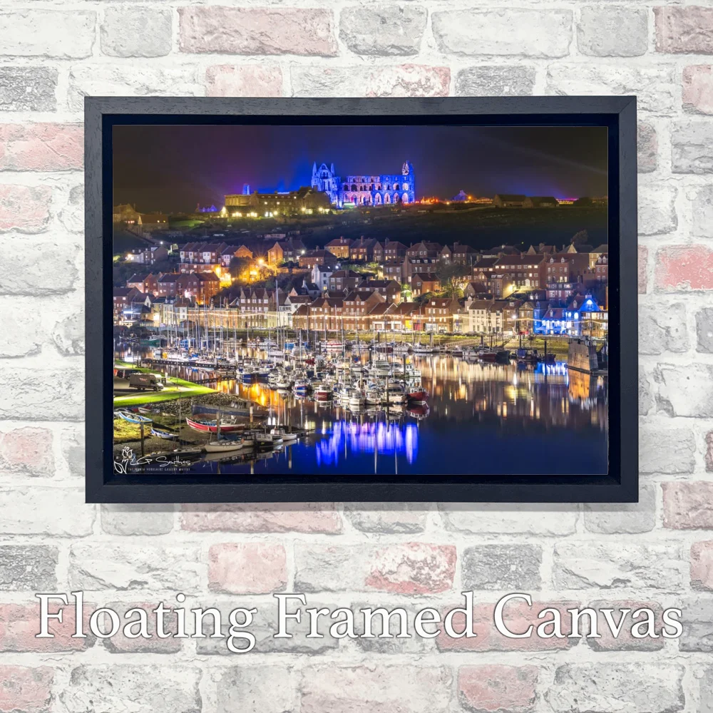 Illuminated Whitby Abbey Blue Reflections Over The River Esk 3 Illuminated Whitby Abbey Blue Reflections Over The River Esk - Landscape-Float-Frame-Canvas