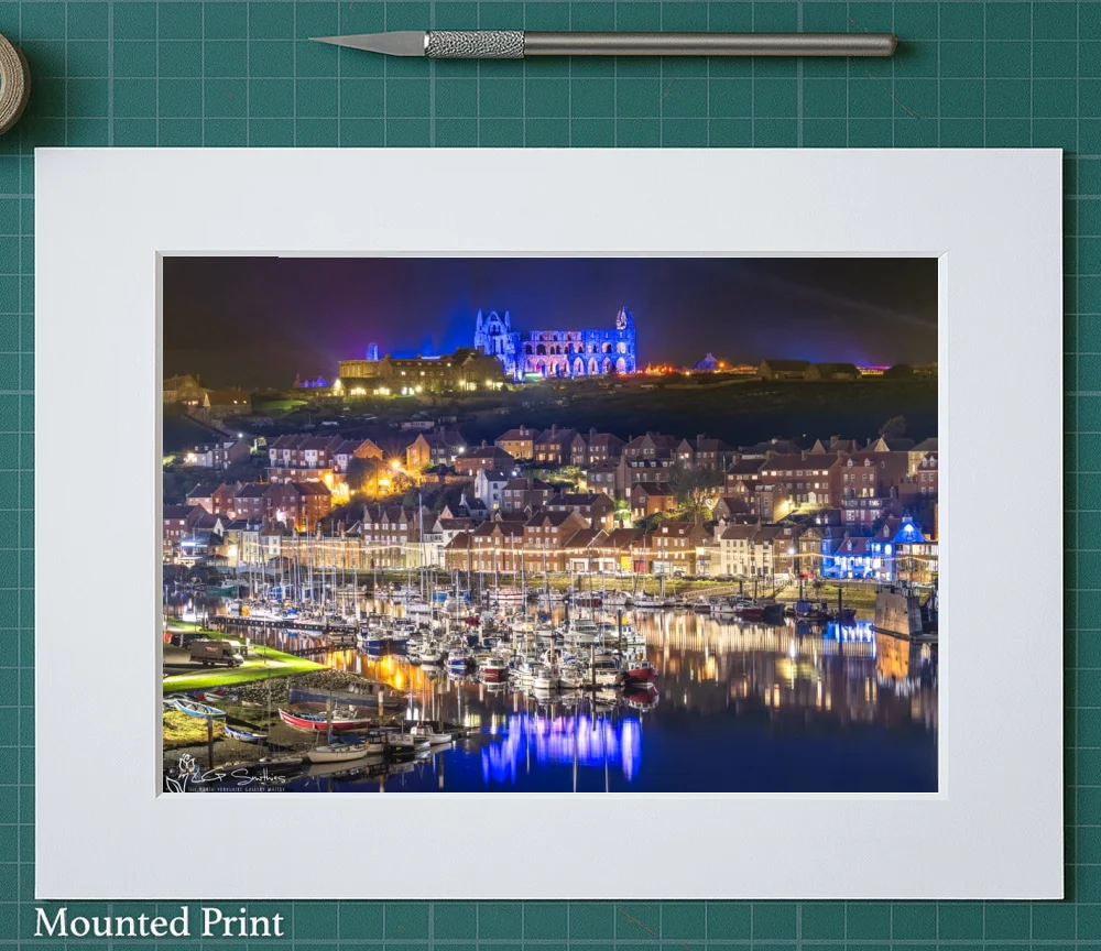 Illuminated Whitby Abbey Blue Reflections Over The River Esk 2 Illuminated Whitby Abbey Blue Reflections Over The River Esk - Landscape-Mounted-Print