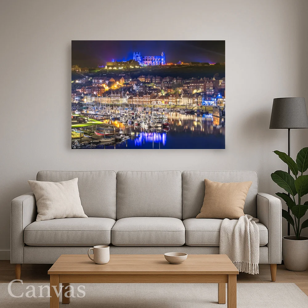 Illuminated Whitby Abbey Blue Reflections Over The River Esk 8 Illuminated Whitby Abbey Blue Reflections Over The River Esk - Wall-art-for-living-room-landscape
