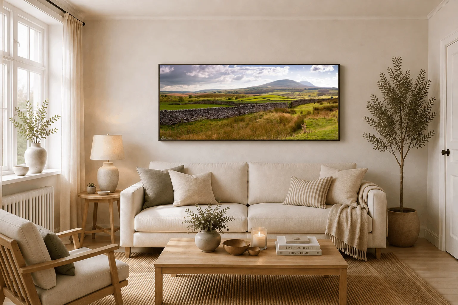 Ingleton Panoramic 3 Ingleton Panoramic - Large floating Framed Canvas On Display In A Living Room