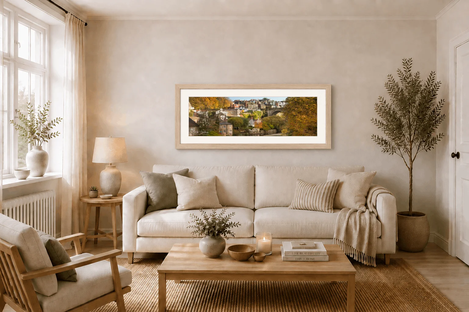 Knaresborough Autumn Slim Panoramic 2 Knaresborough Autumn Slim Panoramic - Ash Ramed Panoramic Print On Display In Living Room