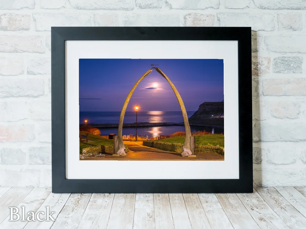 Moonlight Reflections Over the Sea Through Whitby Whalebones Black-Landscape-Frame Moonlight Reflections Over the Sea Through Whitby Whalebones - Black-Landscape-Frame
