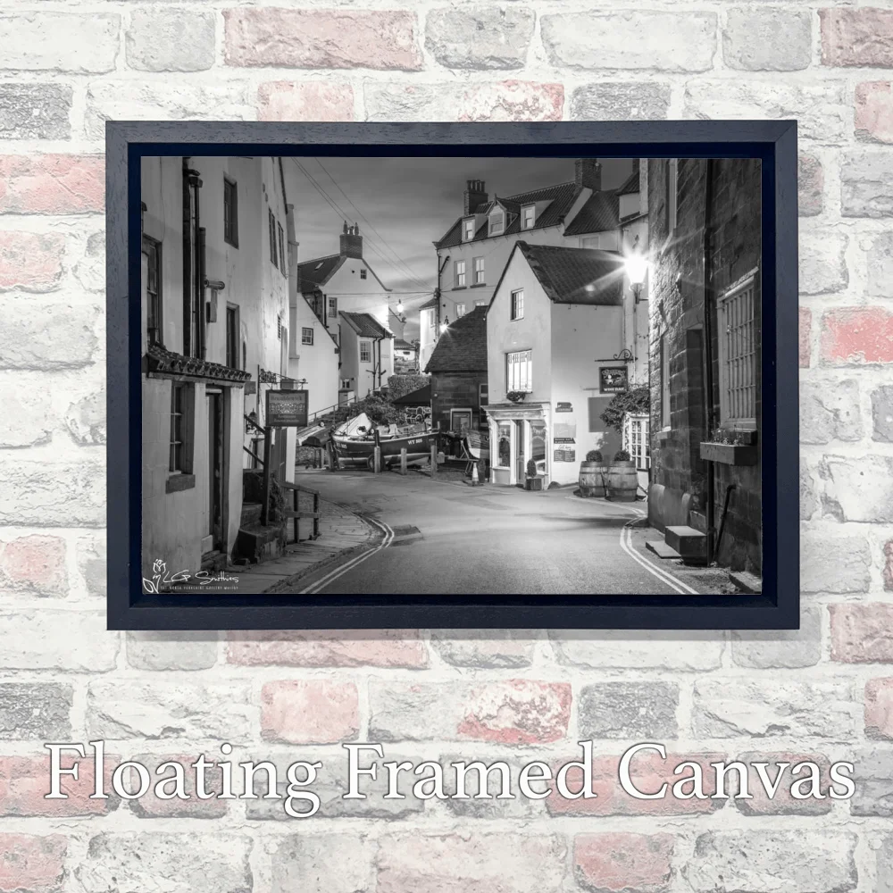 New Road Robin Hood's Bay Black and White 3 New Road Robin Hood's Bay Black and White - Landscape-Float-Frame-Canvas