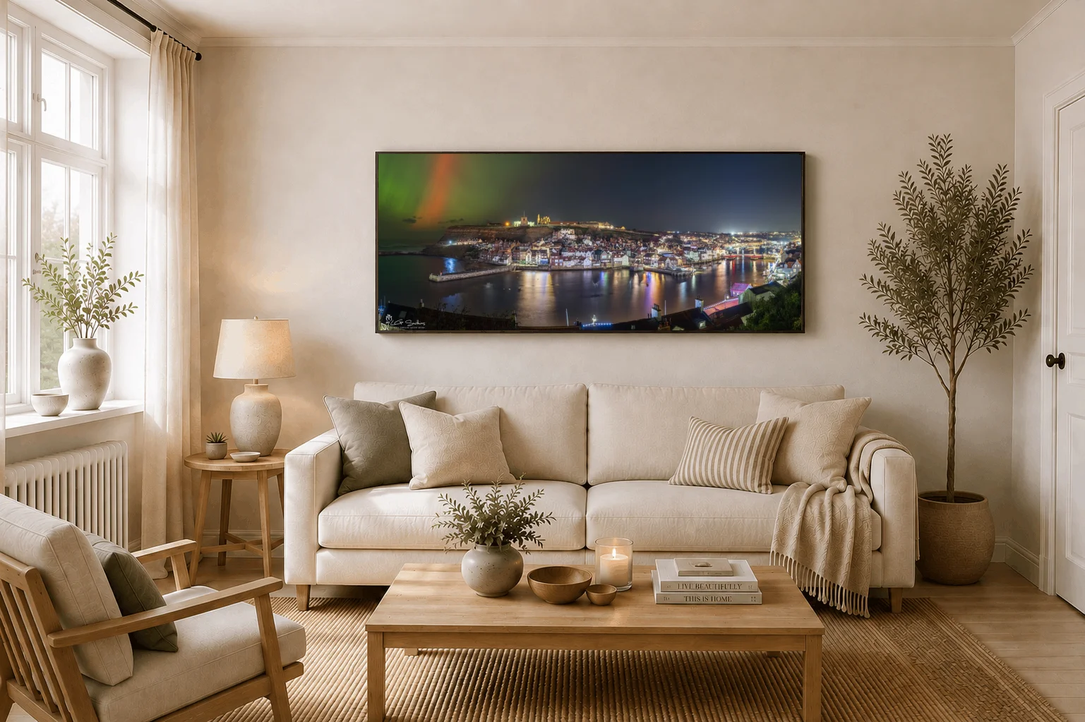 Northern Lights At Whitby Wide Panoramic 3 Northern Lights At Whitby Wide Panoramic - Large floating Framed Canvas On Display In A Living Room