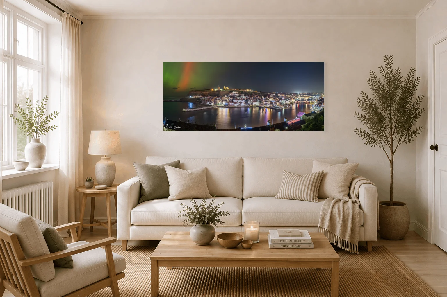 Northern Lights At Whitby Wide Panoramic 2 Northern Lights At Whitby Wide Panoramic - Large Panoramic Canvas On Display In A Living Room