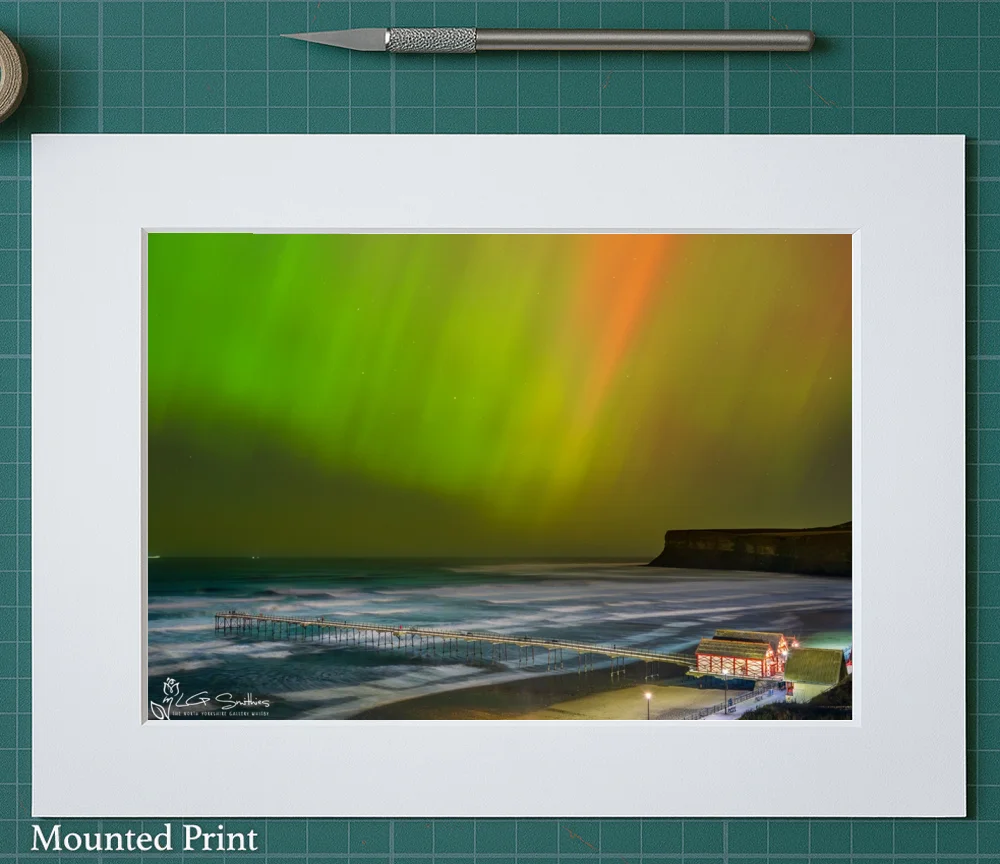 Northern Lights Over Saltburn Pier And Beach 2 Northern Lights Over Saltburn Pier And Beach - Landscape-Mounted-Print