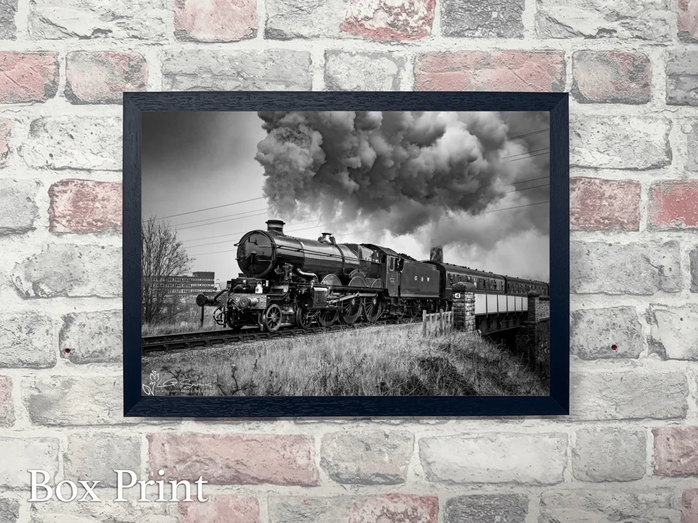 Nunney Castle Locomotive In Black And White On The KWVR 4 Nunney Castle Locomotive In Black And White On The KWVR - Landscape-Box-Print