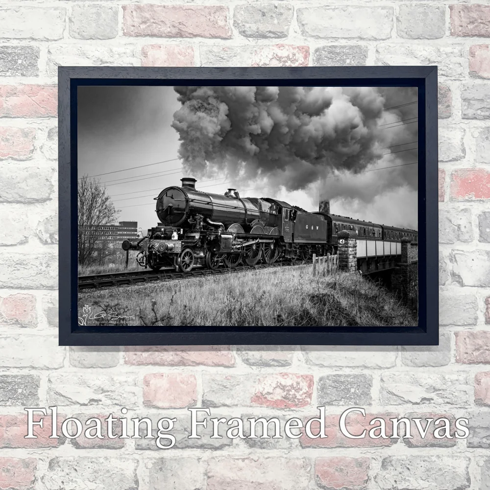 Nunney Castle Locomotive In Black And White On The KWVR 3 Nunney Castle Locomotive In Black And White On The KWVR - Landscape-Float-Frame-Canvas