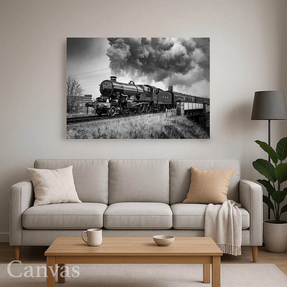 Nunney Castle Locomotive In Black And White On The KWVR 8 Nunney Castle Locomotive In Black And White On The KWVR - Wall-art-for-living-room-landscape