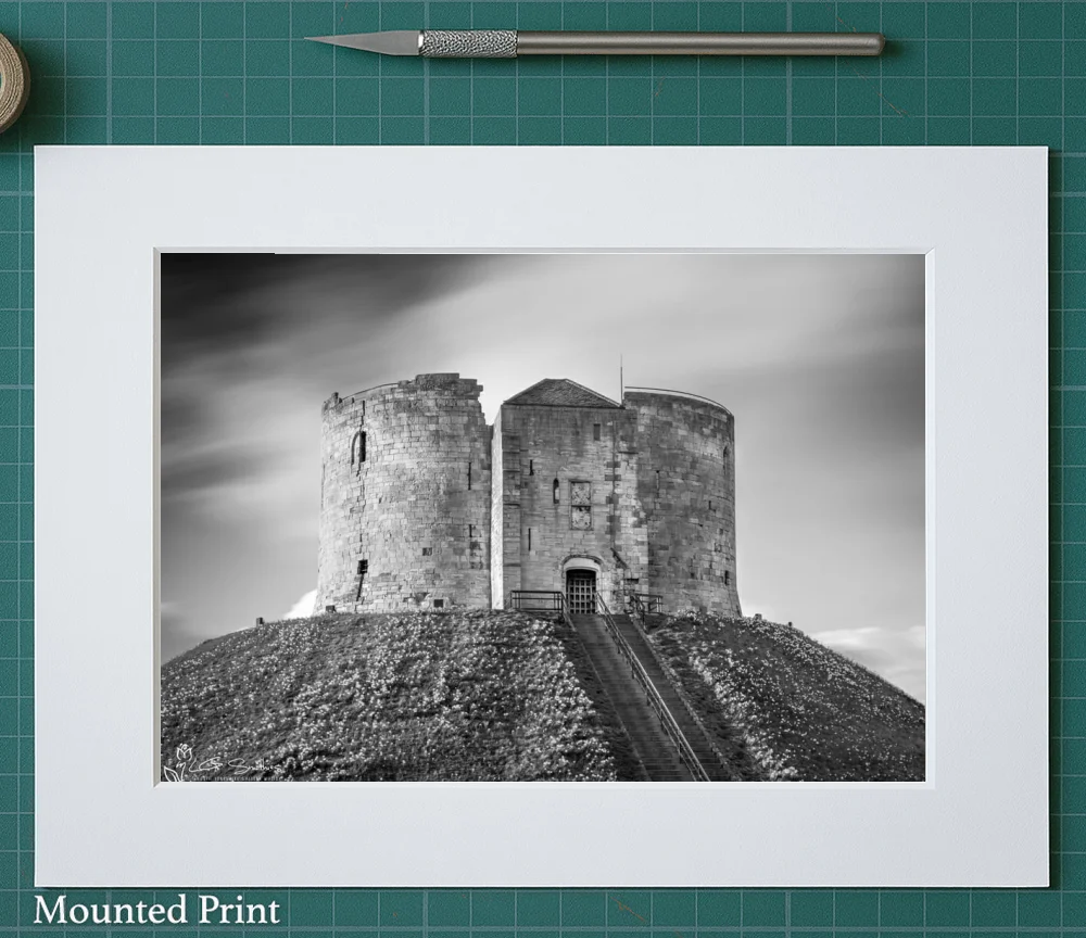 Passing Time Clifford's Tower York Black and White 2 Passing Time Clifford's Tower York Black and White - Landscape-Mounted-Print