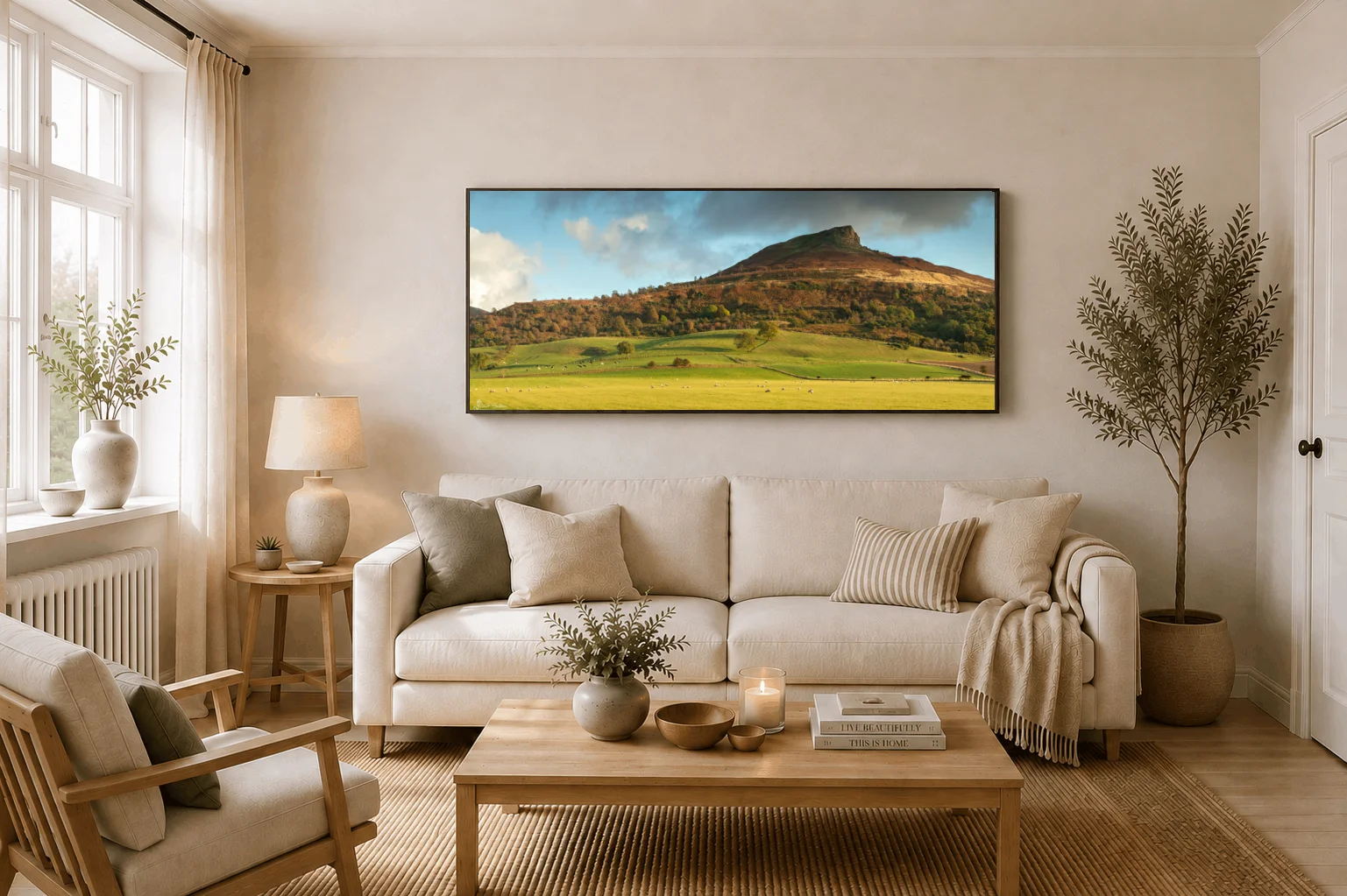 Peaceful Evening At Roseberry Topping Panoramic 3 Peaceful Evening At Roseberry Topping Panoramic - Large floating Framed Canvas On Display In A Living Room
