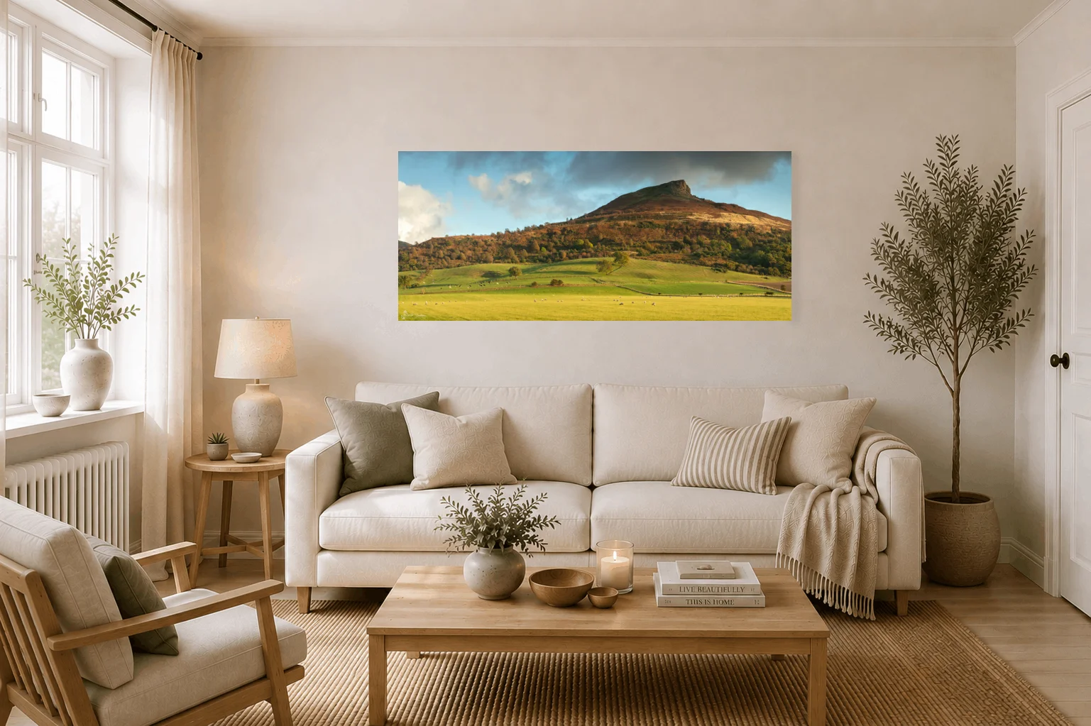 Peaceful Evening At Roseberry Topping Panoramic 2 Peaceful Evening At Roseberry Topping Panoramic - Large Panoramic Canvas On Display In A Living Room