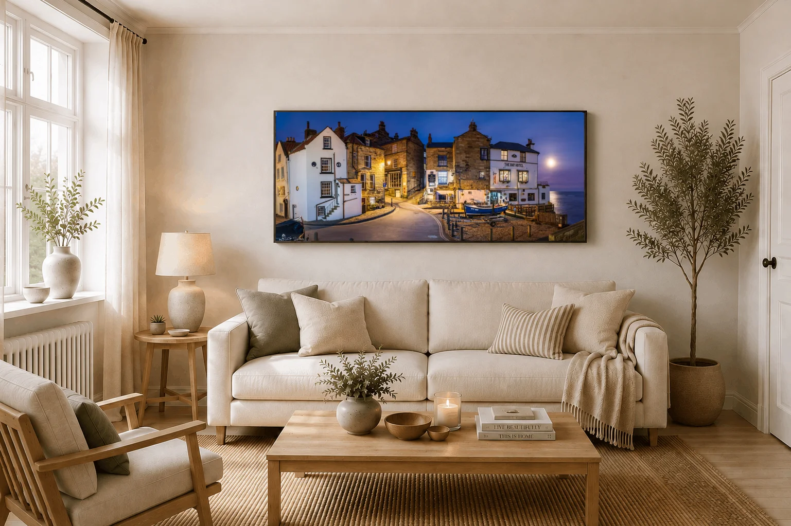 Robin Hoods Bay Moonrise Panoramic 3 Robin Hoods Bay Moonrise Panoramic - Large floating Framed Canvas On Display In A Living Room