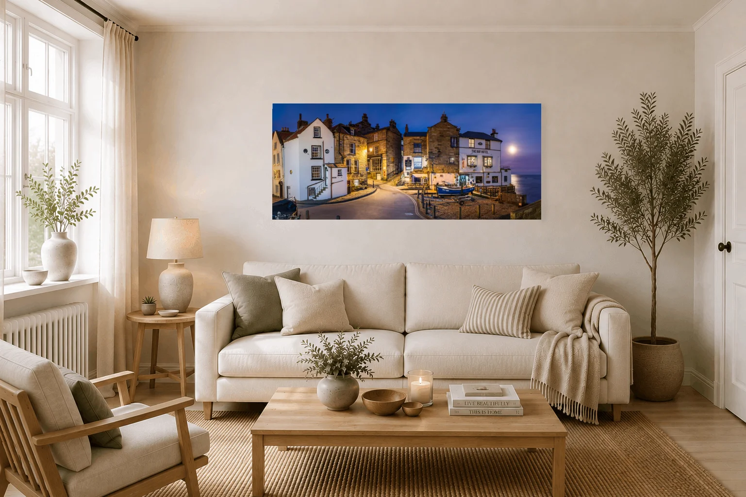 Robin Hoods Bay Moonrise Panoramic 2 Robin Hoods Bay Moonrise Panoramic - Large Panoramic Canvas On Display In A Living Room