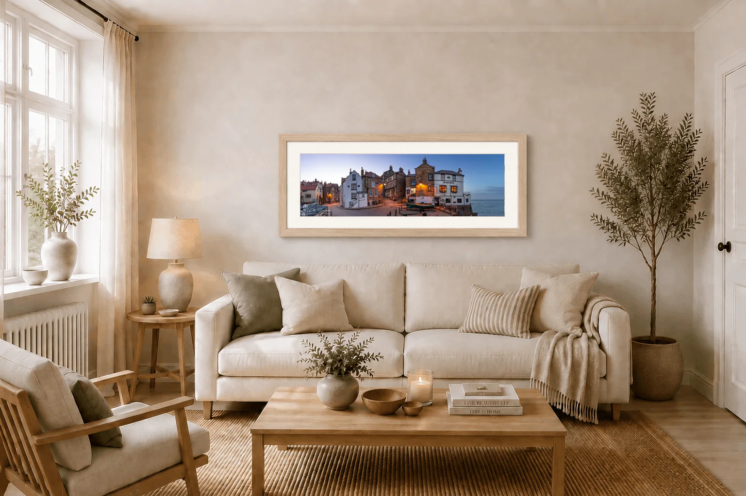Robin Hoods Bay Night Slim Panoramic 2 Robin Hoods Bay Night Slim Panoramic - Ash Ramed Panoramic Print On Display In Living Room
