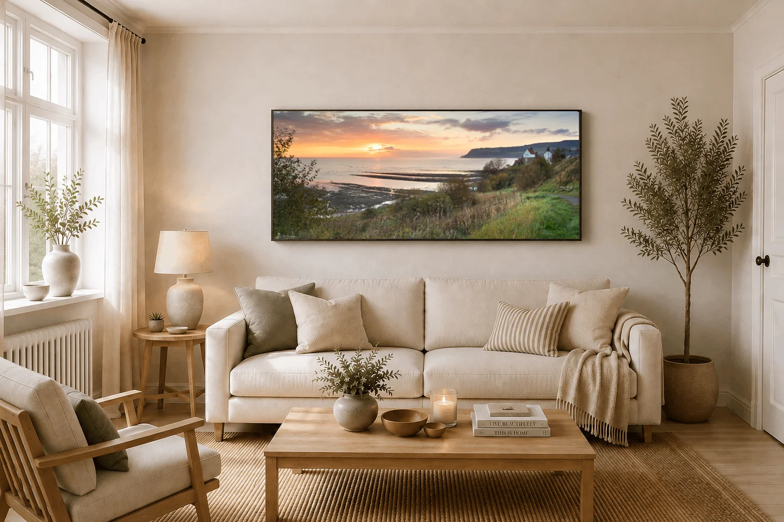 Robin Hood's Bay Panoramic 4 Robin Hood's Bay Panoramic - Large floating Framed Canvas On Display In A Living Room