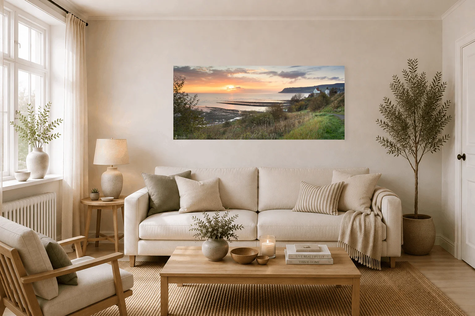 Robin Hood's Bay Panoramic 3 Robin Hood's Bay Panoramic - Large Panoramic Canvas On Display In A Living Room