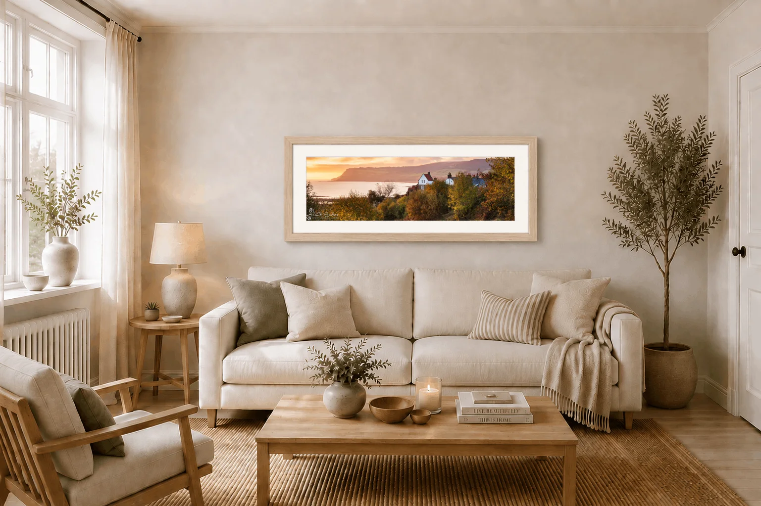 Robin Hoods Bay Slim Panoramic 2 Robin Hoods Bay Slim Panoramic - Ash Ramed Panoramic Print On Display In Living Room