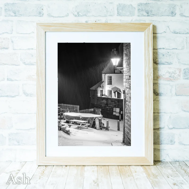 Robin Hoods Bay Snow Storm Black And White 4 Robin Hoods Bay Snow Storm Black And White - Ash-Portrait-Frame